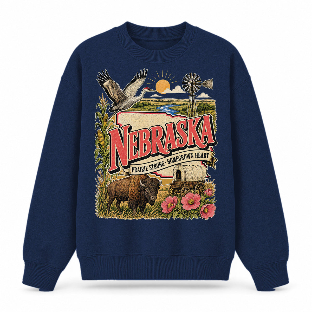 Colorful Nebraska State Collage Crewneck Sweatshirt in Navy, front view on a white background