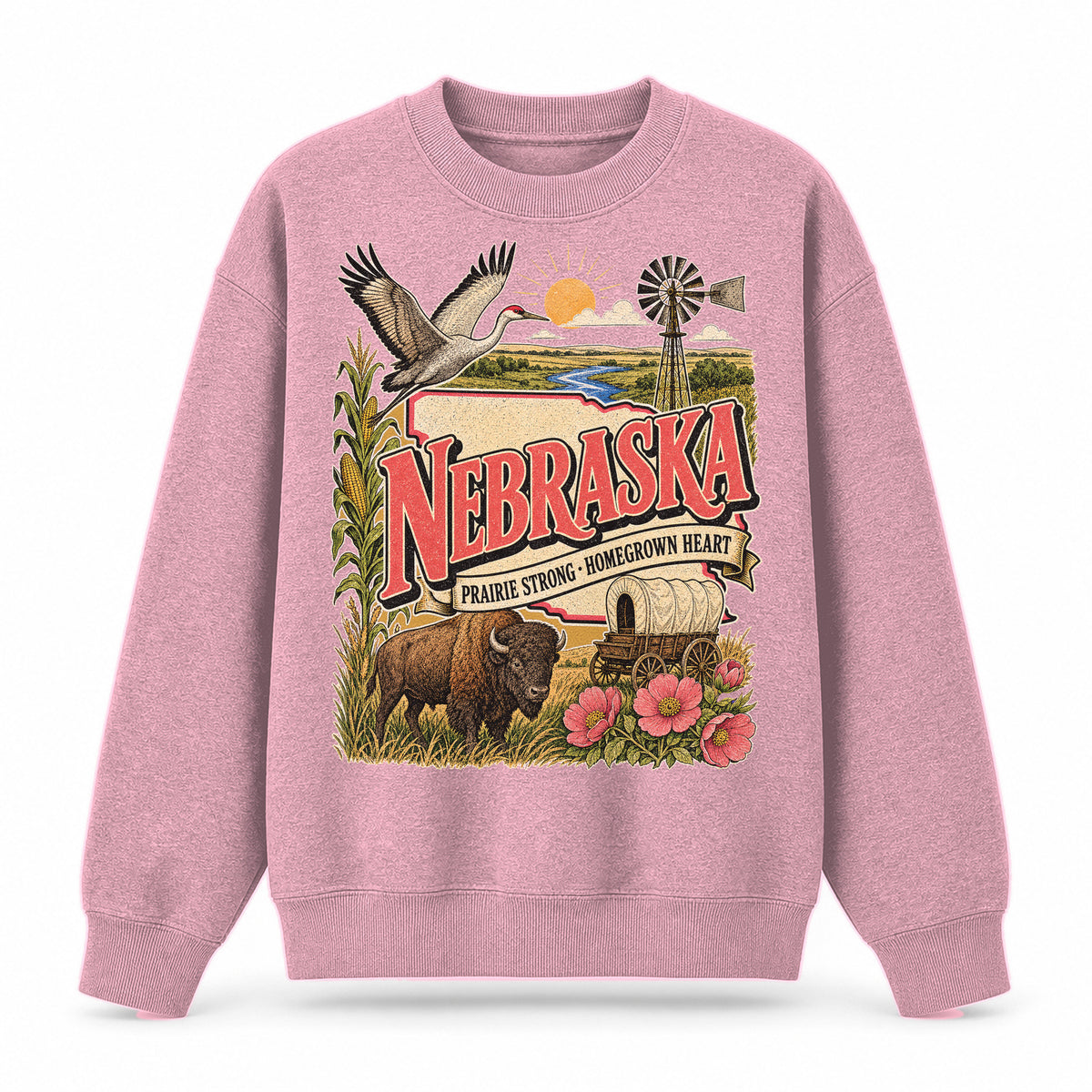 Colorful Nebraska State Collage Crewneck Sweatshirt in Pink, front view on a white background