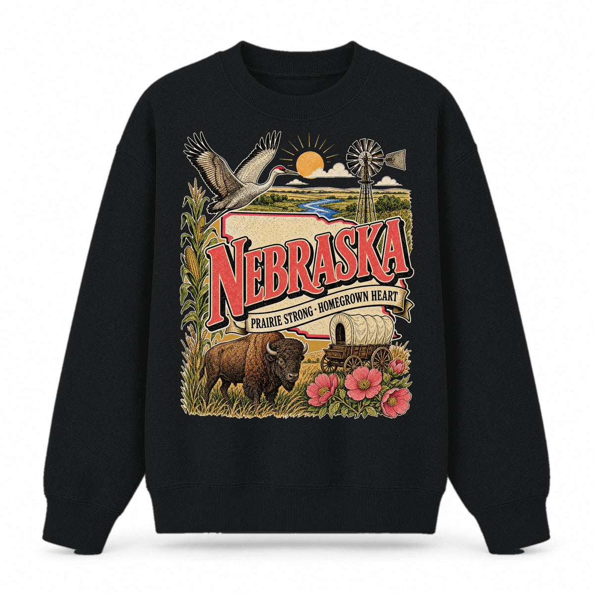 Colorful Nebraska State Collage Crewneck Sweatshirt in Black, front view on a white background