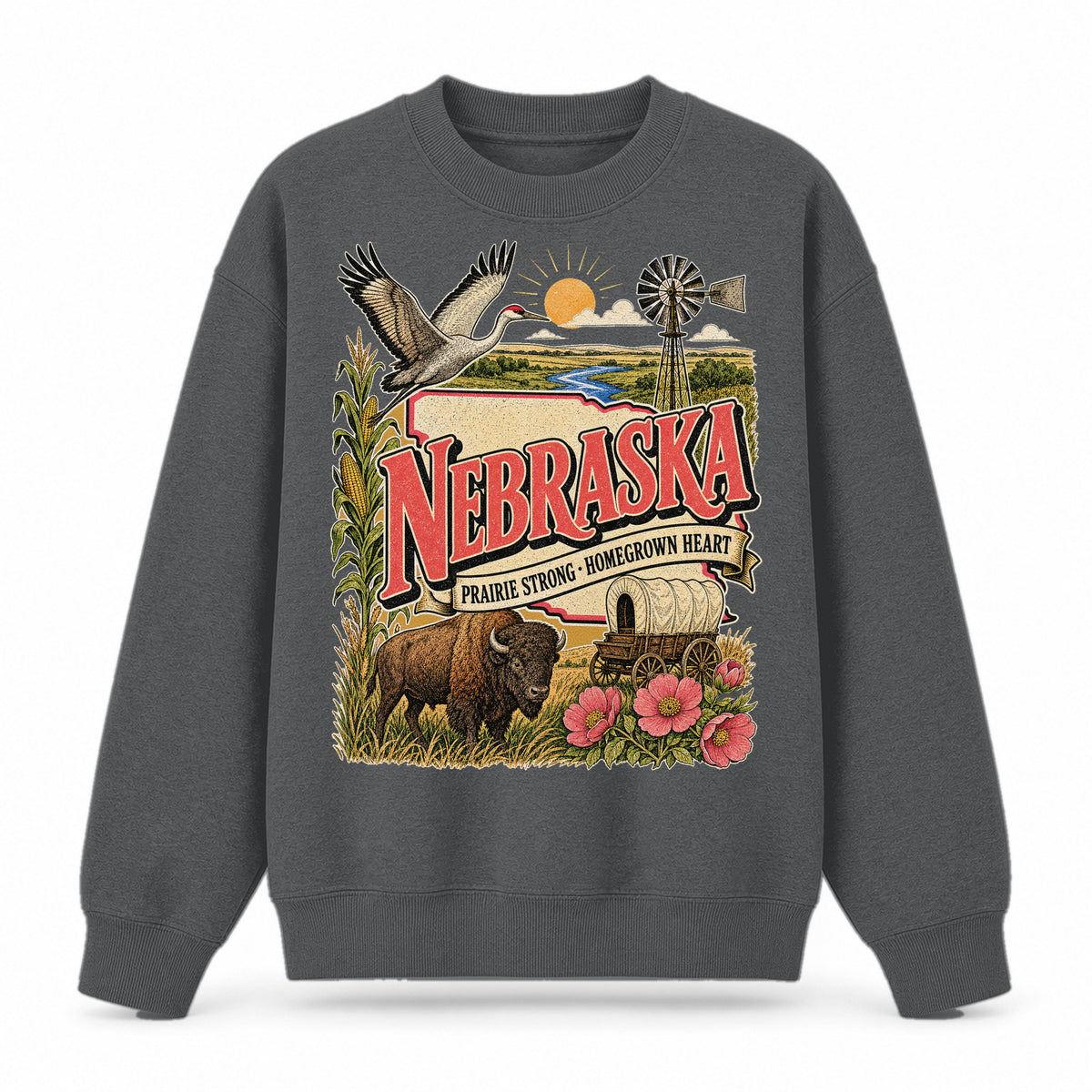 Colorful Nebraska State Collage Crewneck Sweatshirt in Dark Gray, front view on a white background