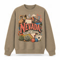 Colorful Nevada State Collage Crewneck Sweatshirt in Khaki, front view on a white background