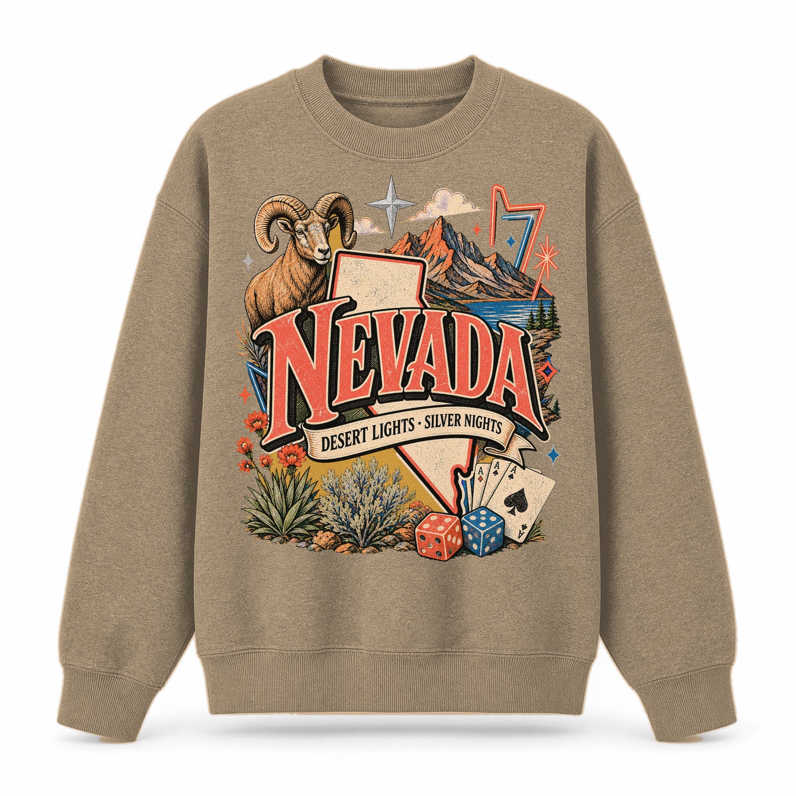 Colorful Nevada State Collage Crewneck Sweatshirt in Khaki, front view on a white background