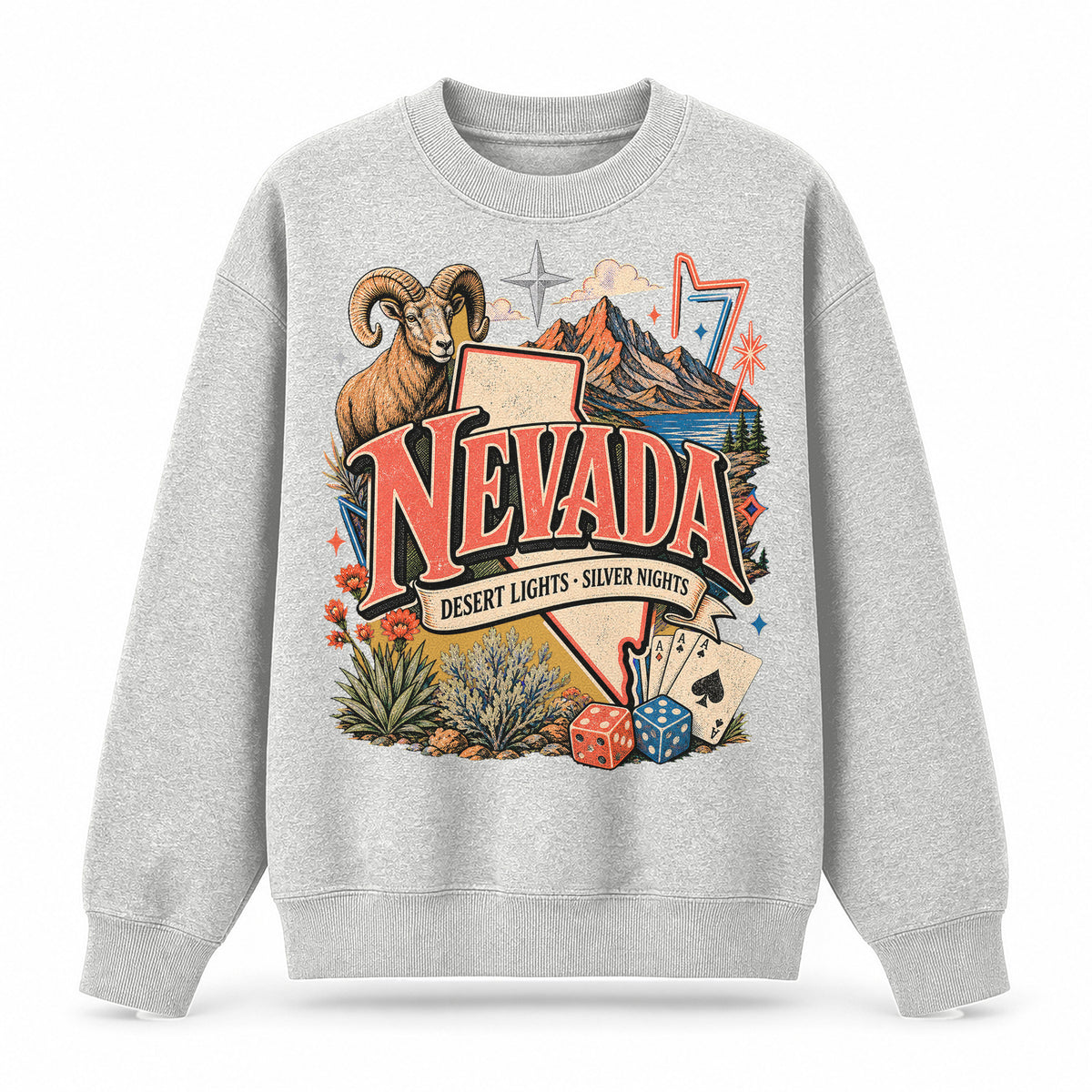 Colorful Nevada State Collage Crewneck Sweatshirt in Light Gray, front view on a white background