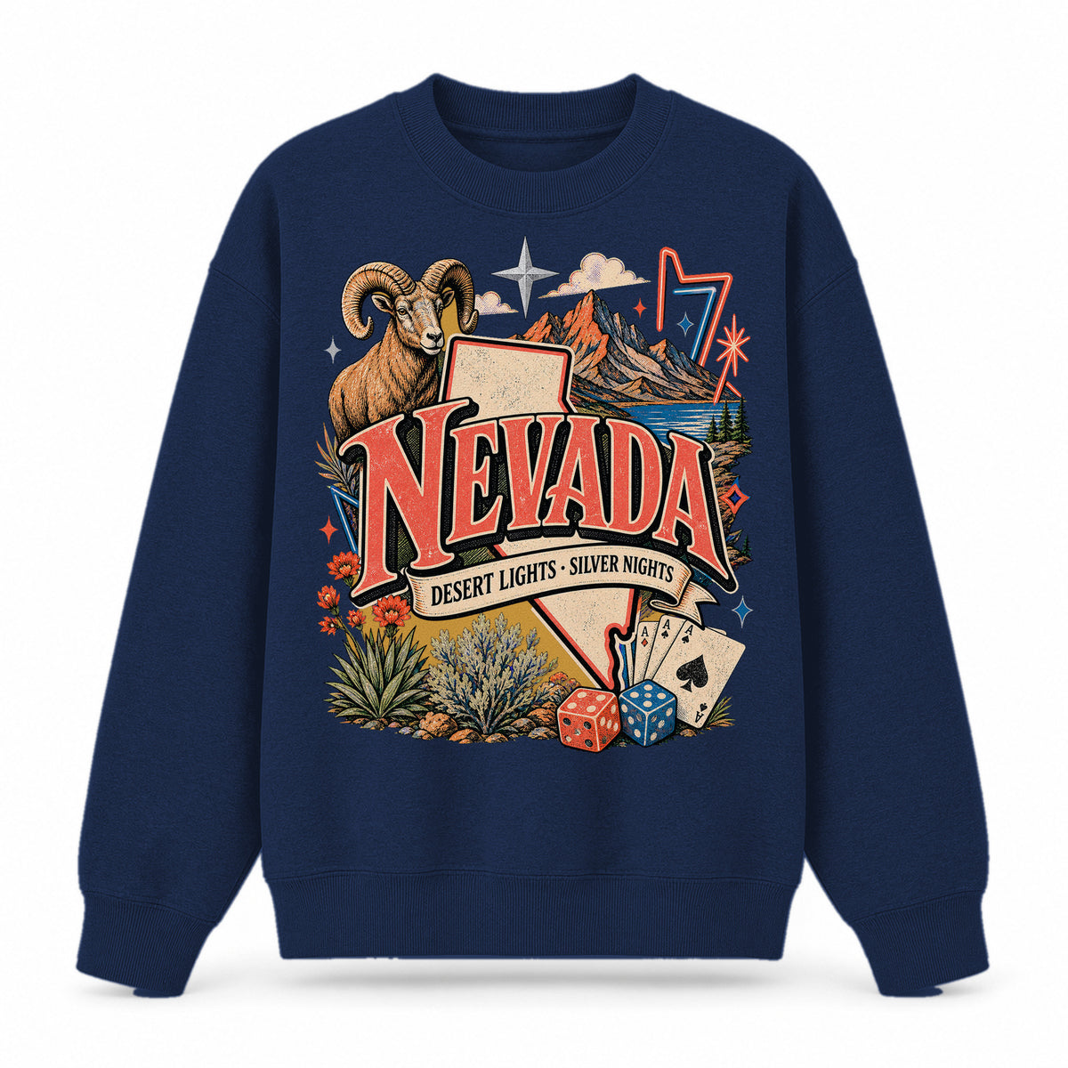 Colorful Nevada State Collage Crewneck Sweatshirt in Navy, front view on a white background