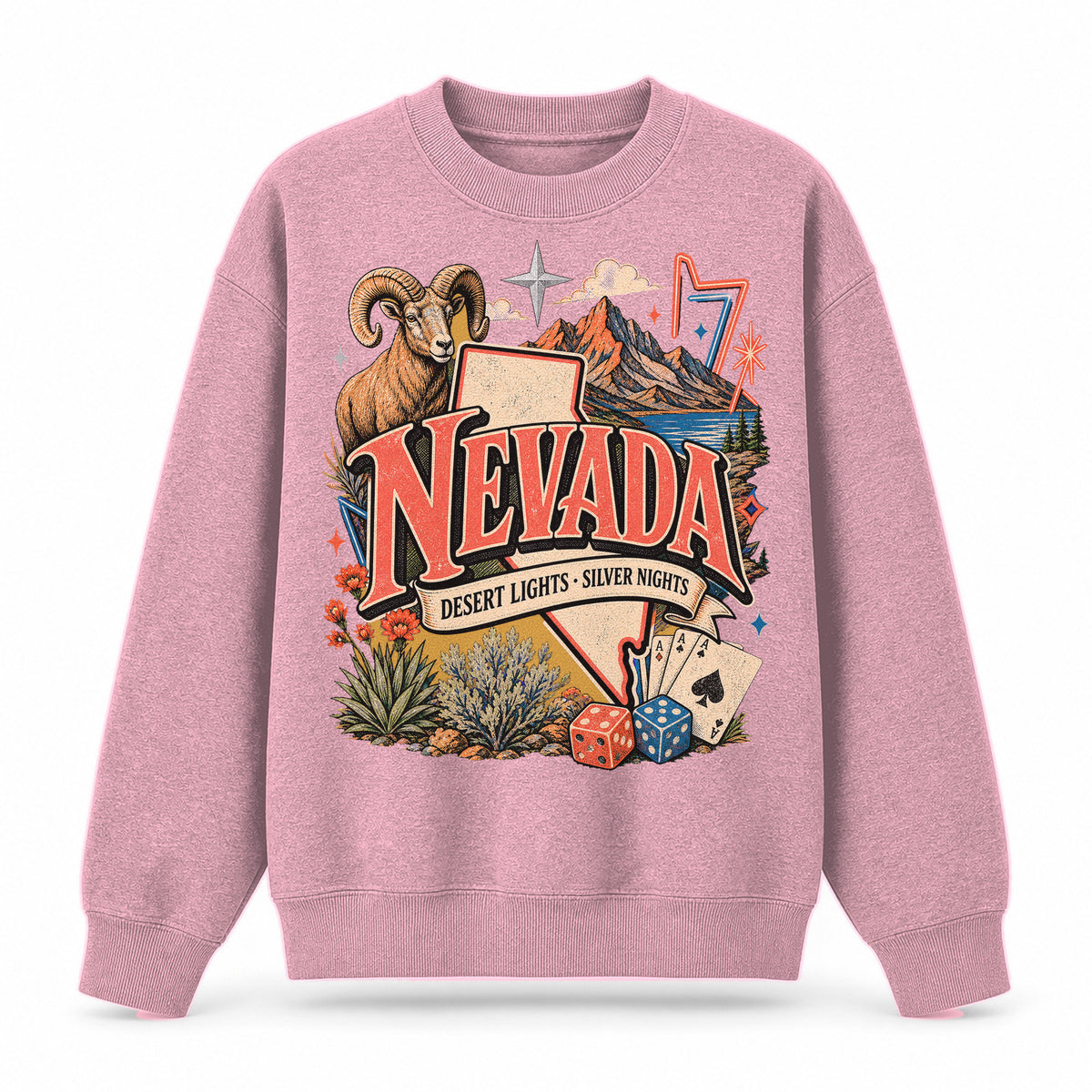 Colorful Nevada State Collage Crewneck Sweatshirt in Pink, front view on a white background
