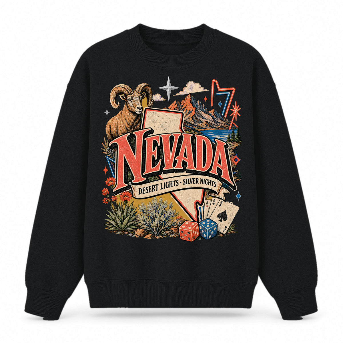Colorful Nevada State Collage Crewneck Sweatshirt in Black, front view on a white background