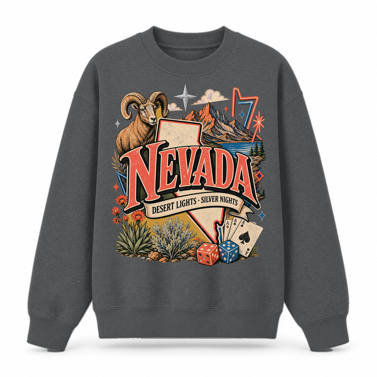 Colorful Nevada State Collage Crewneck Sweatshirt in Dark Gray, front view on a white background