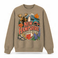 Colorful New Hampshire State Collage Crewneck Sweatshirt in Khaki, front view on a white background