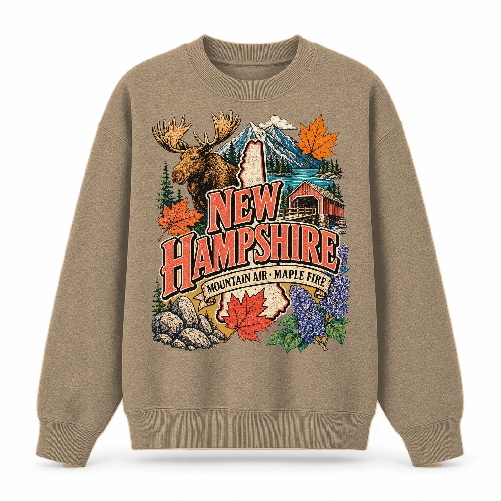 Colorful New Hampshire State Collage Crewneck Sweatshirt in Khaki, front view on a white background