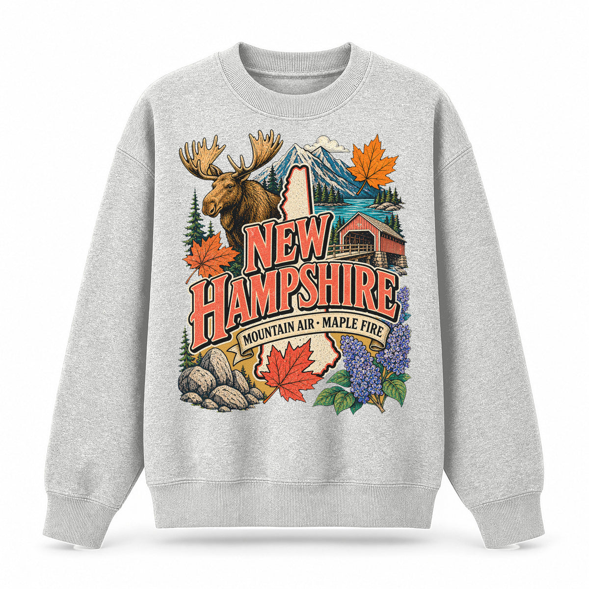 Colorful New Hampshire State Collage Crewneck Sweatshirt in Light Gray, front view on a white background