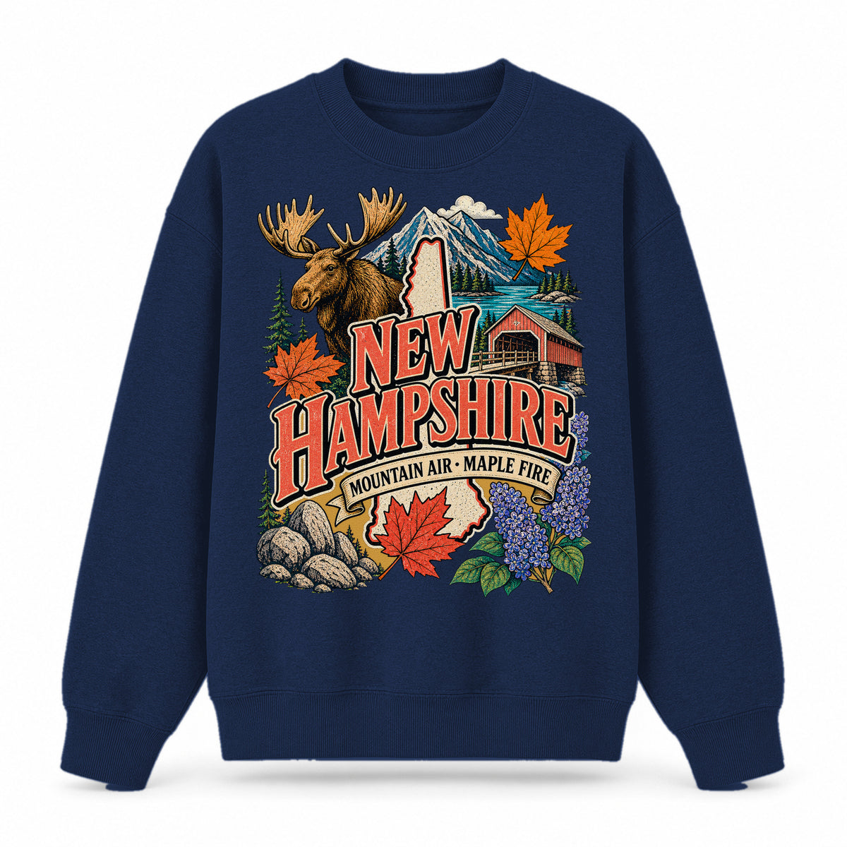 Colorful New Hampshire State Collage Crewneck Sweatshirt in Navy, front view on a white background