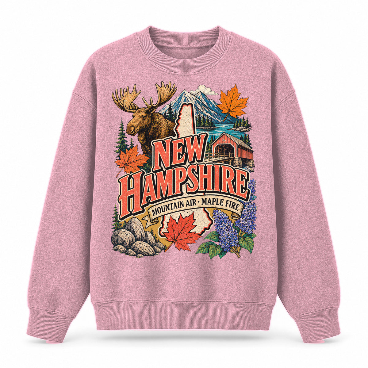 Colorful New Hampshire State Collage Crewneck Sweatshirt in Pink, front view on a white background