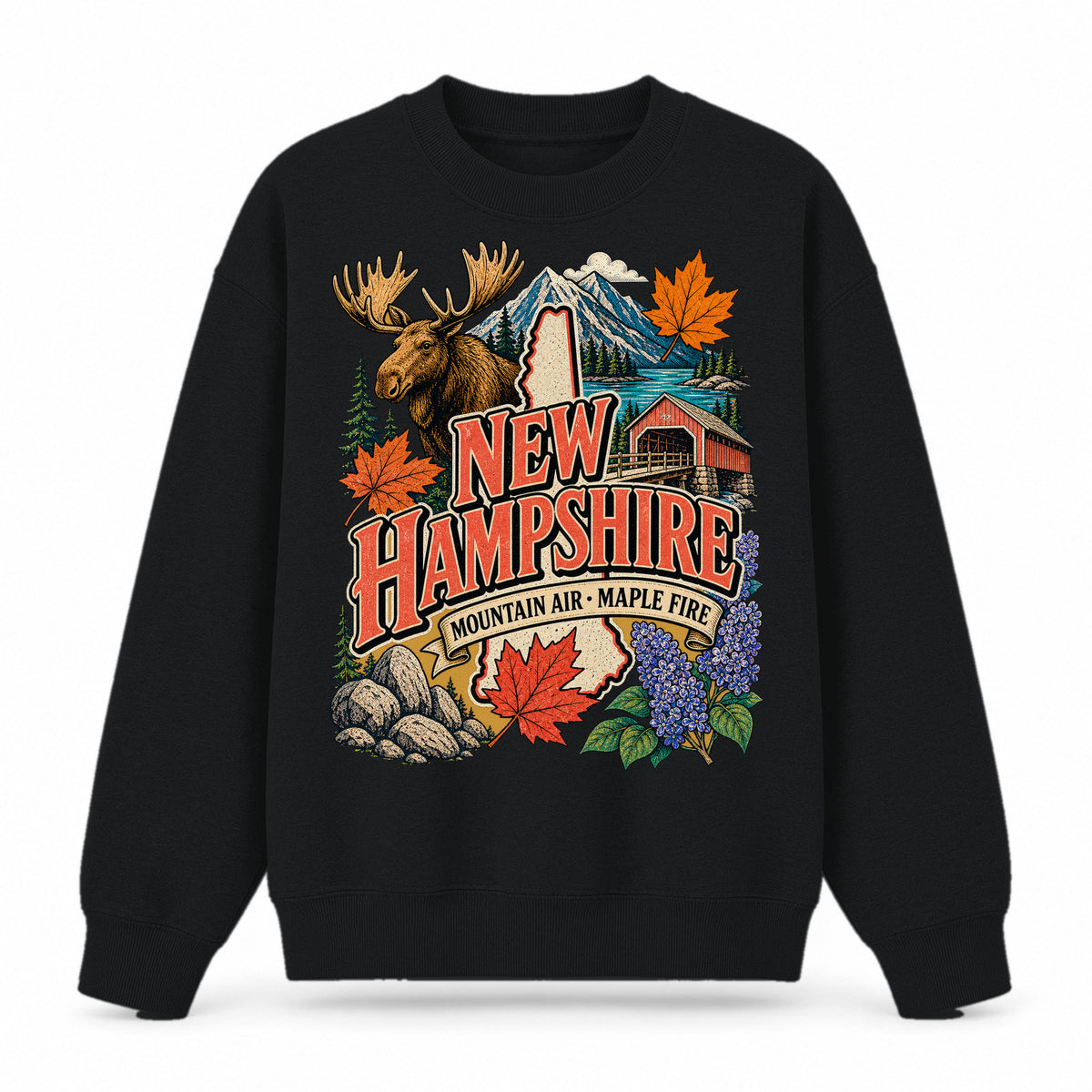 Colorful New Hampshire State Collage Crewneck Sweatshirt in Black, front view on a white background