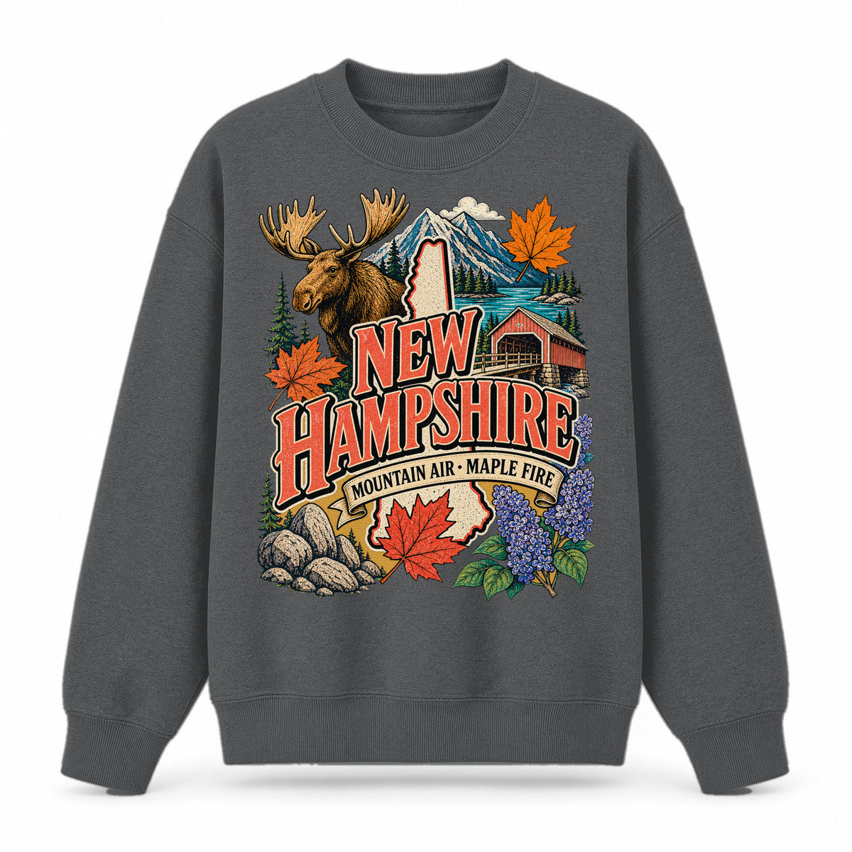 Colorful New Hampshire State Collage Crewneck Sweatshirt in Dark Gray, front view on a white background