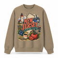 Colorful New Jersey State Collage Crewneck Sweatshirt in Khaki, front view on a white background