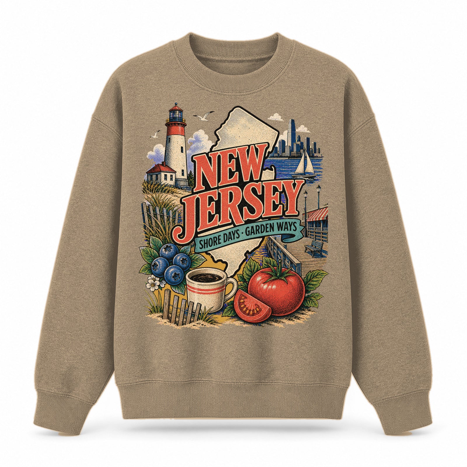 Colorful New Jersey State Collage Crewneck Sweatshirt in Khaki, front view on a white background