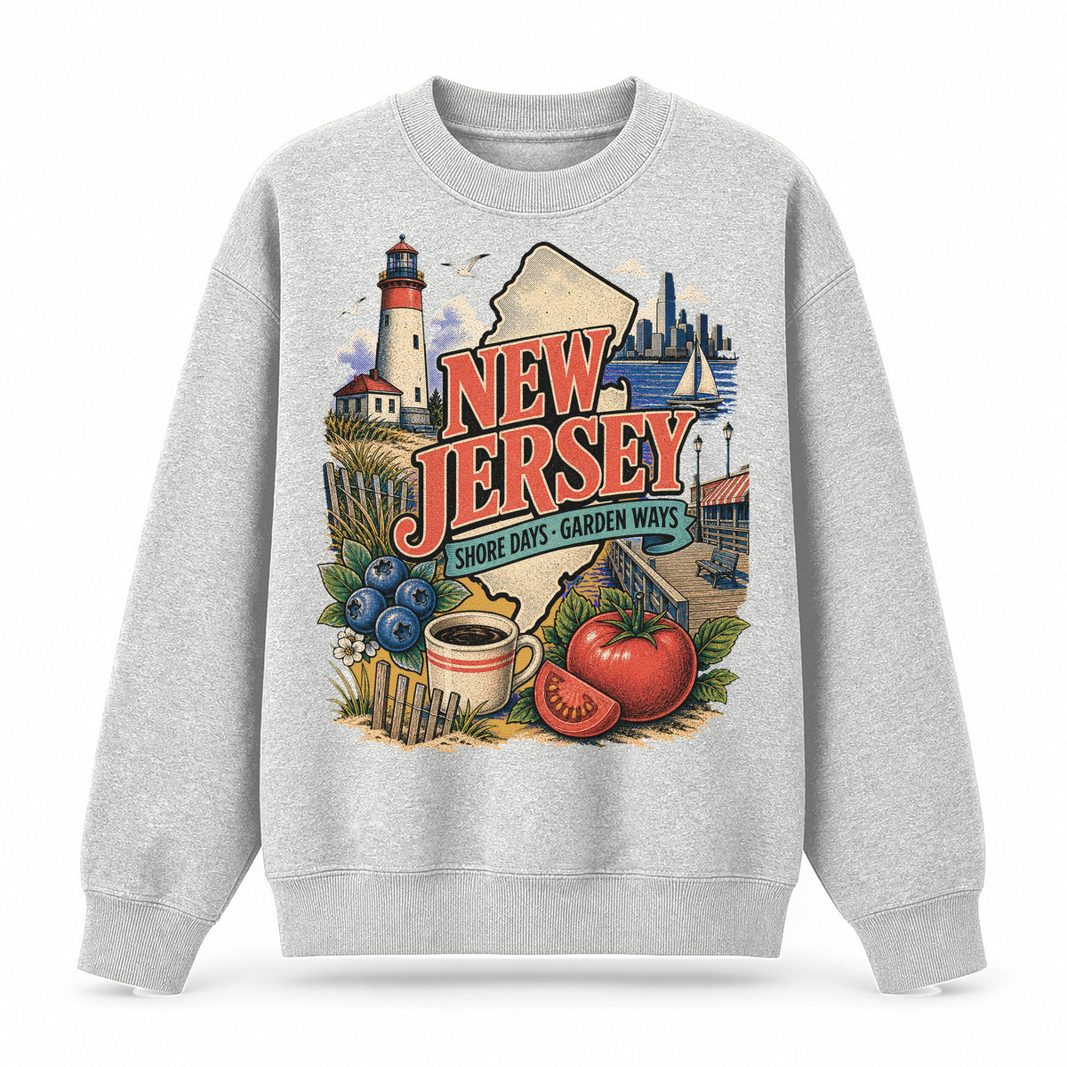 Colorful New Jersey State Collage Crewneck Sweatshirt in Light Gray, front view on a white background