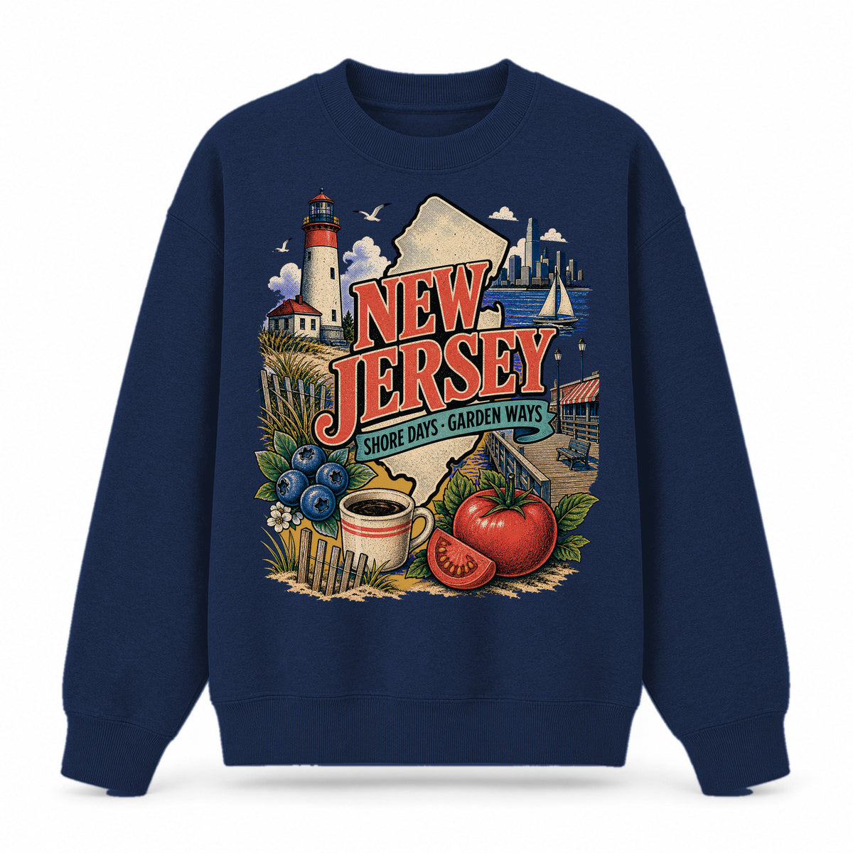 Colorful New Jersey State Collage Crewneck Sweatshirt in Navy, front view on a white background