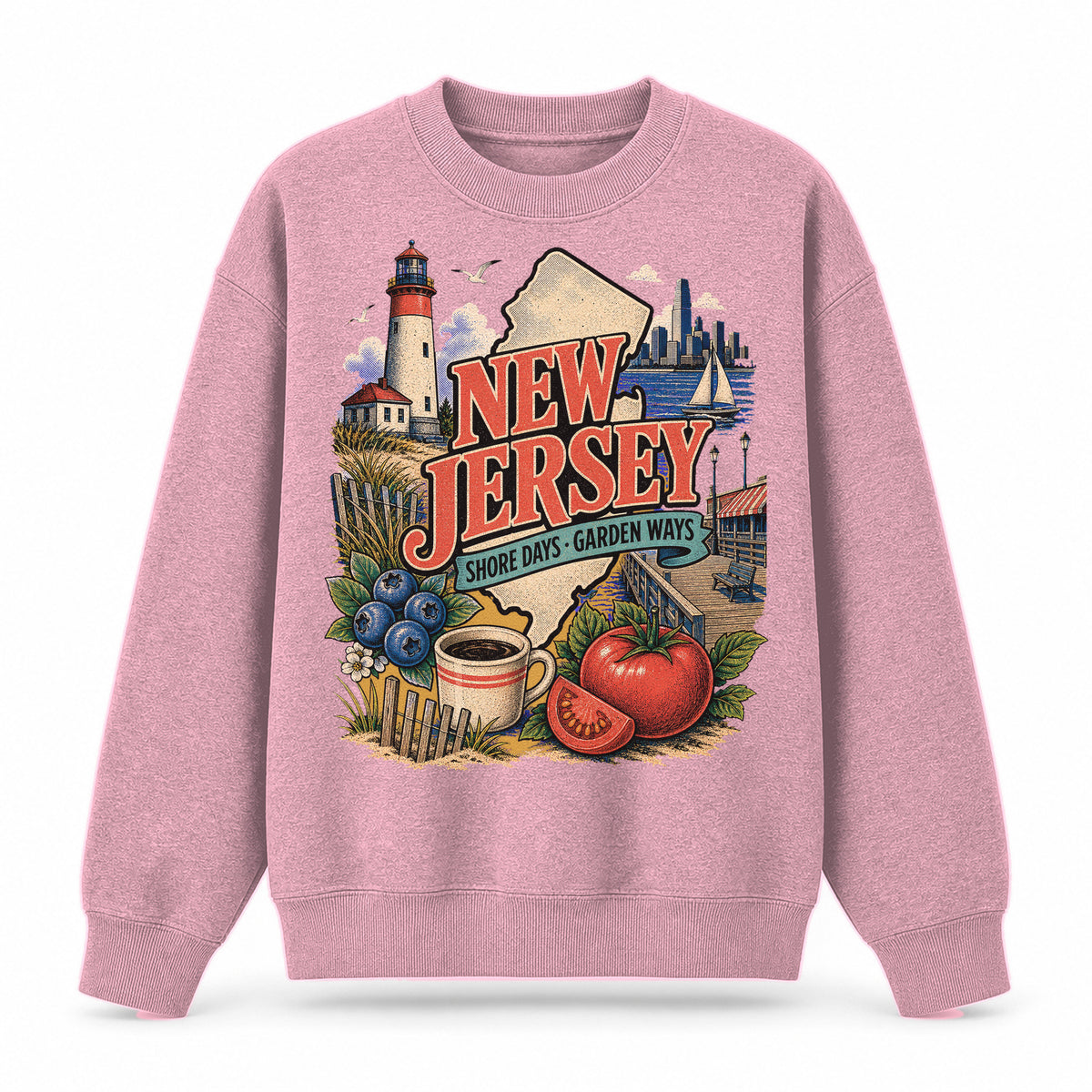 Colorful New Jersey State Collage Crewneck Sweatshirt in Pink, front view on a white background