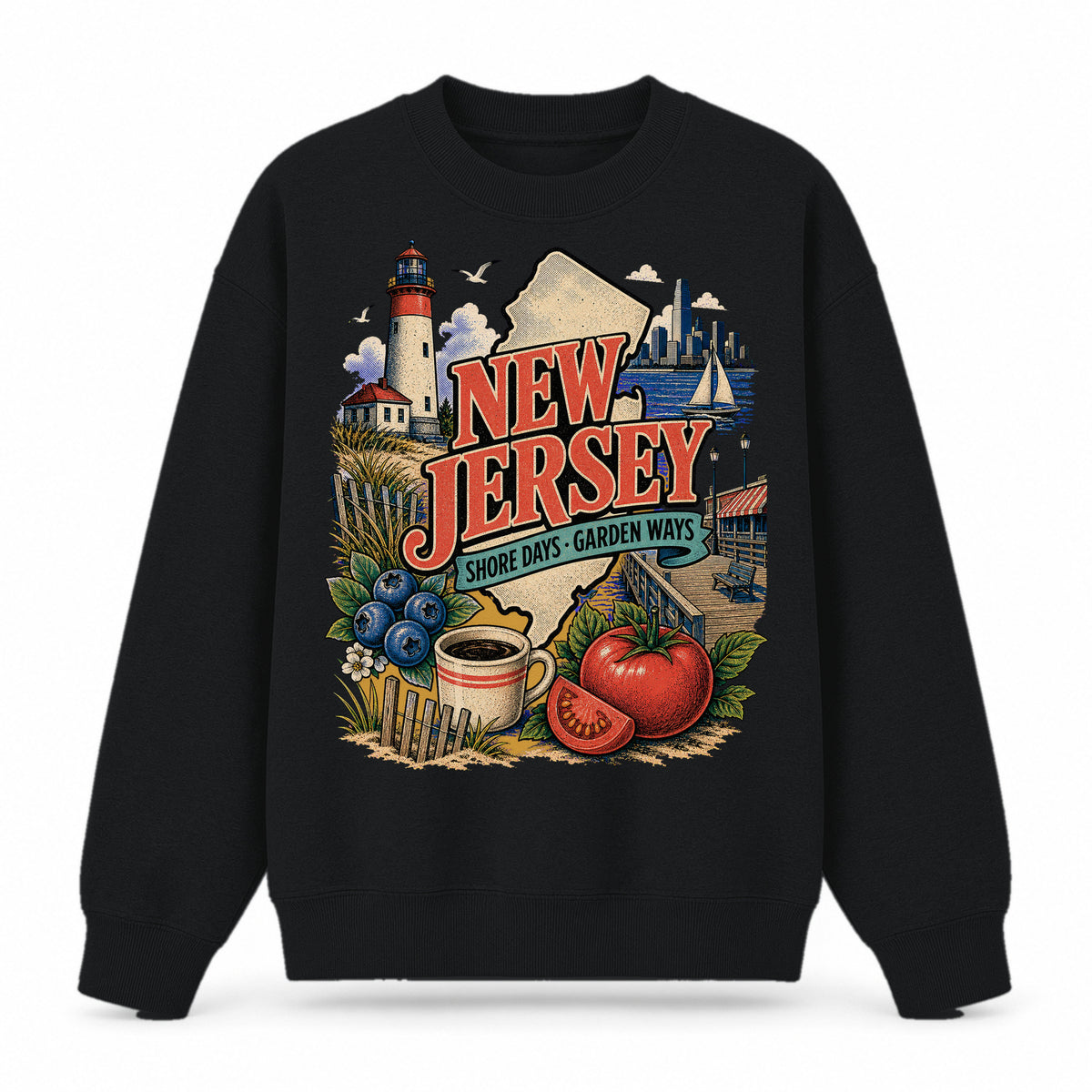 Colorful New Jersey State Collage Crewneck Sweatshirt in Black, front view on a white background