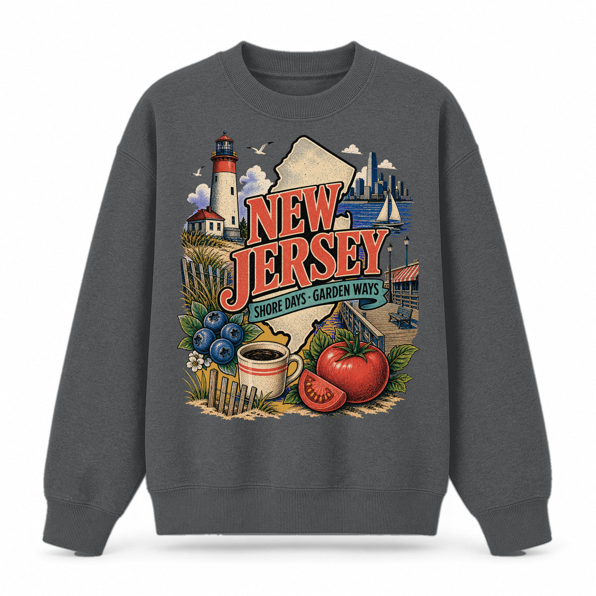 Colorful New Jersey State Collage Crewneck Sweatshirt in Dark Gray, front view on a white background