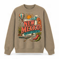 Colorful New Mexico State Collage Crewneck Sweatshirt in Khaki, front view on a white background