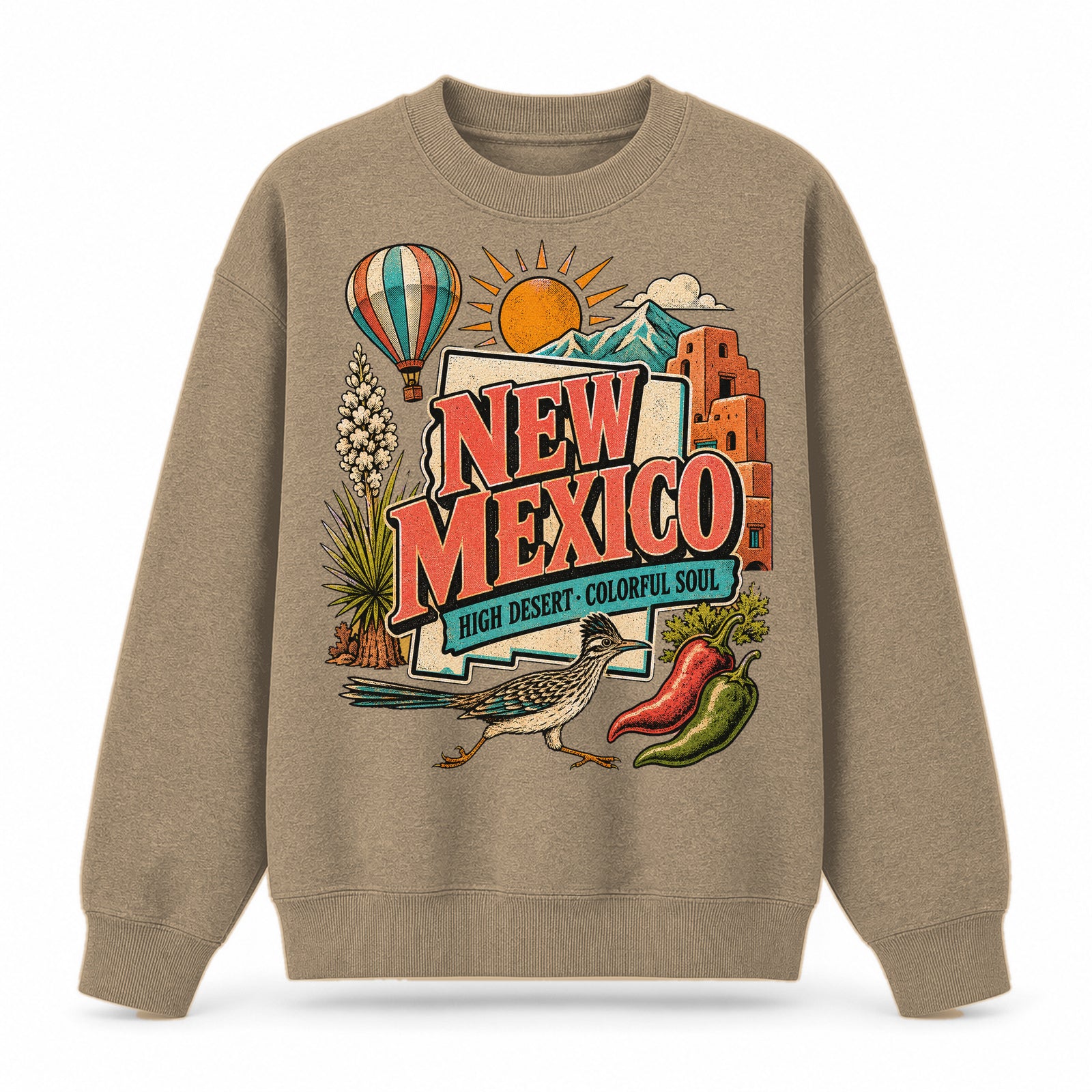 Colorful New Mexico State Collage Crewneck Sweatshirt in Khaki, front view on a white background