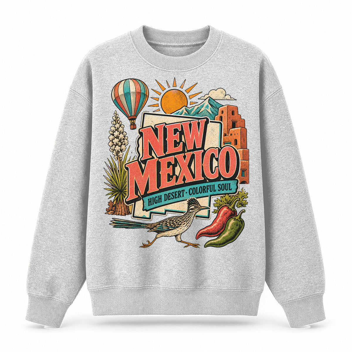 Colorful New Mexico State Collage Crewneck Sweatshirt in Light Gray, front view on a white background