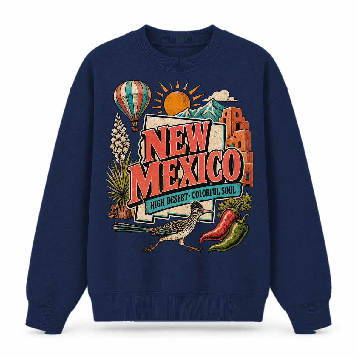 Colorful New Mexico State Collage Crewneck Sweatshirt in Navy, front view on a white background