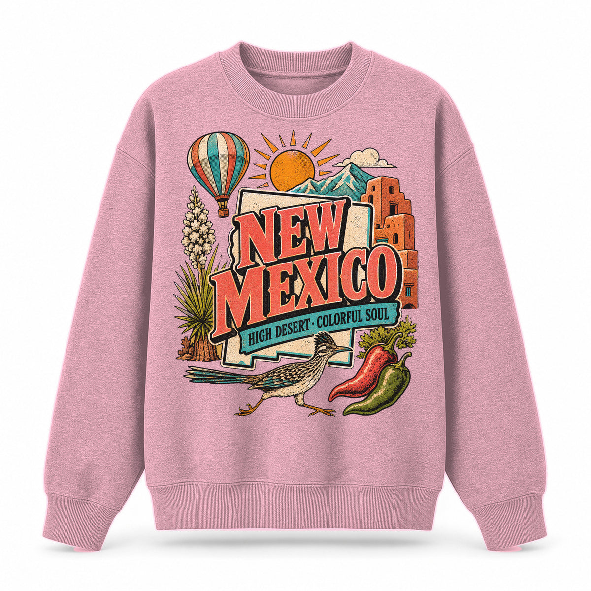 Colorful New Mexico State Collage Crewneck Sweatshirt in Pink, front view on a white background