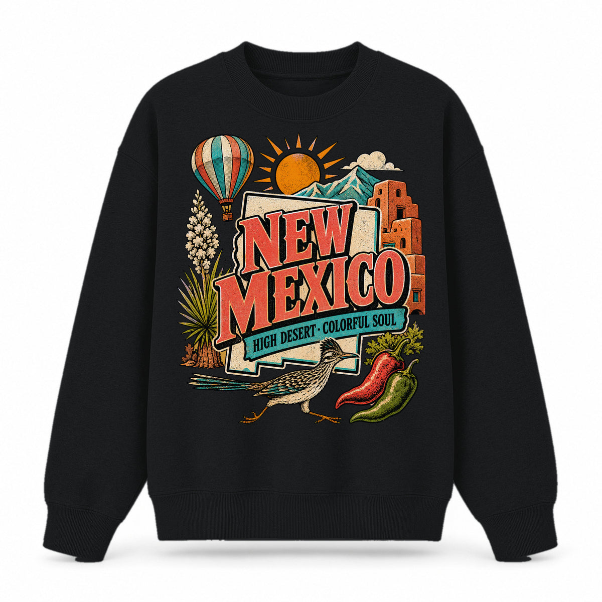 Colorful New Mexico State Collage Crewneck Sweatshirt in Black, front view on a white background