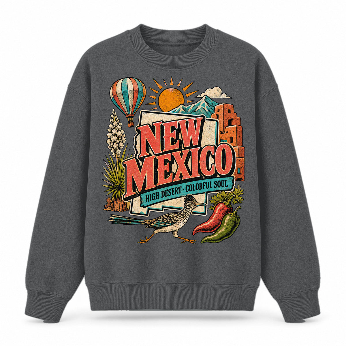 Colorful New Mexico State Collage Crewneck Sweatshirt in Dark Gray, front view on a white background