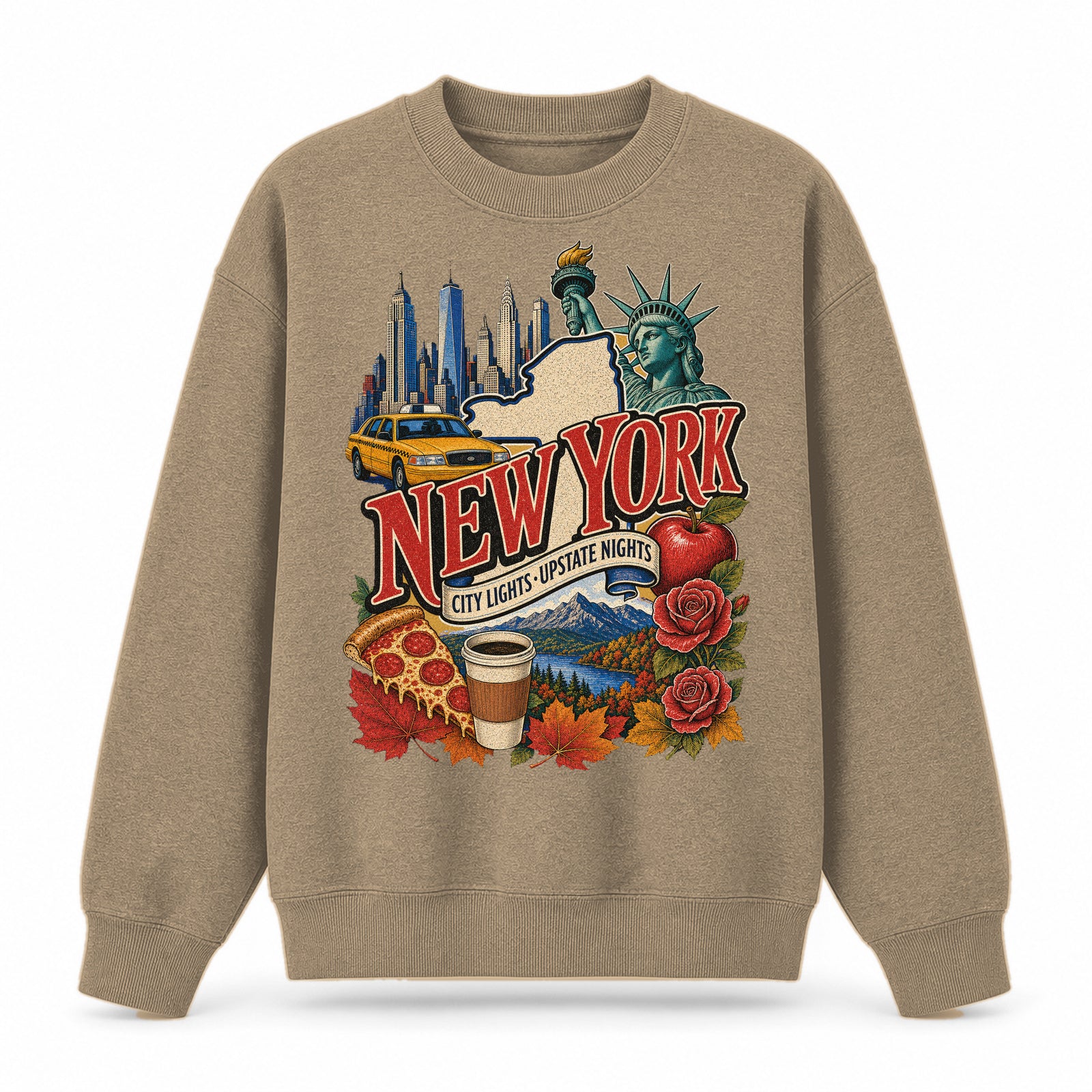 Colorful New York State Collage Crewneck Sweatshirt in Khaki, front view on a white background