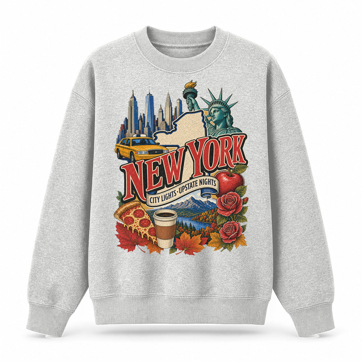 Colorful New York State Collage Crewneck Sweatshirt in Light Gray, front view on a white background