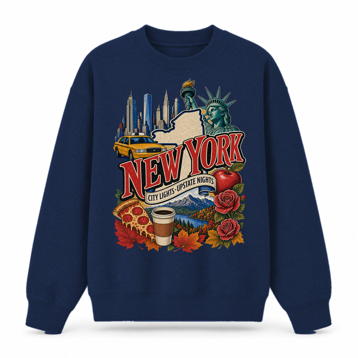 Colorful New York State Collage Crewneck Sweatshirt in Navy, front view on a white background