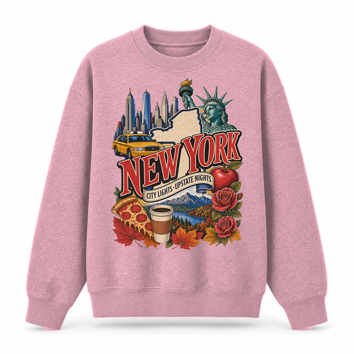 Colorful New York State Collage Crewneck Sweatshirt in Pink, front view on a white background