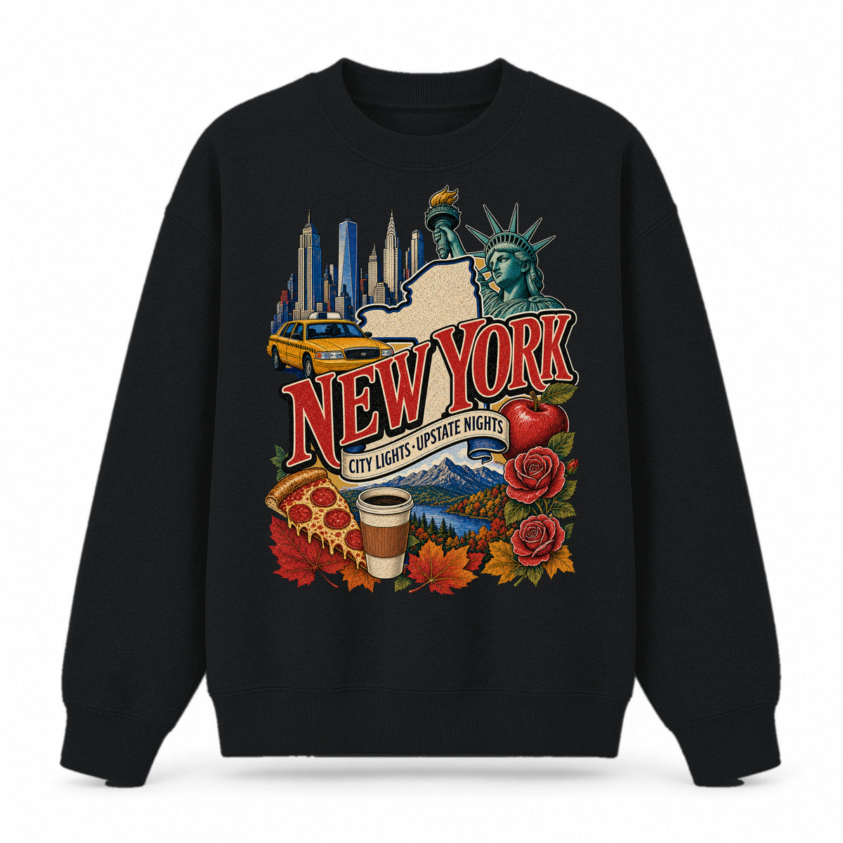 Colorful New York State Collage Crewneck Sweatshirt in Black, front view on a white background