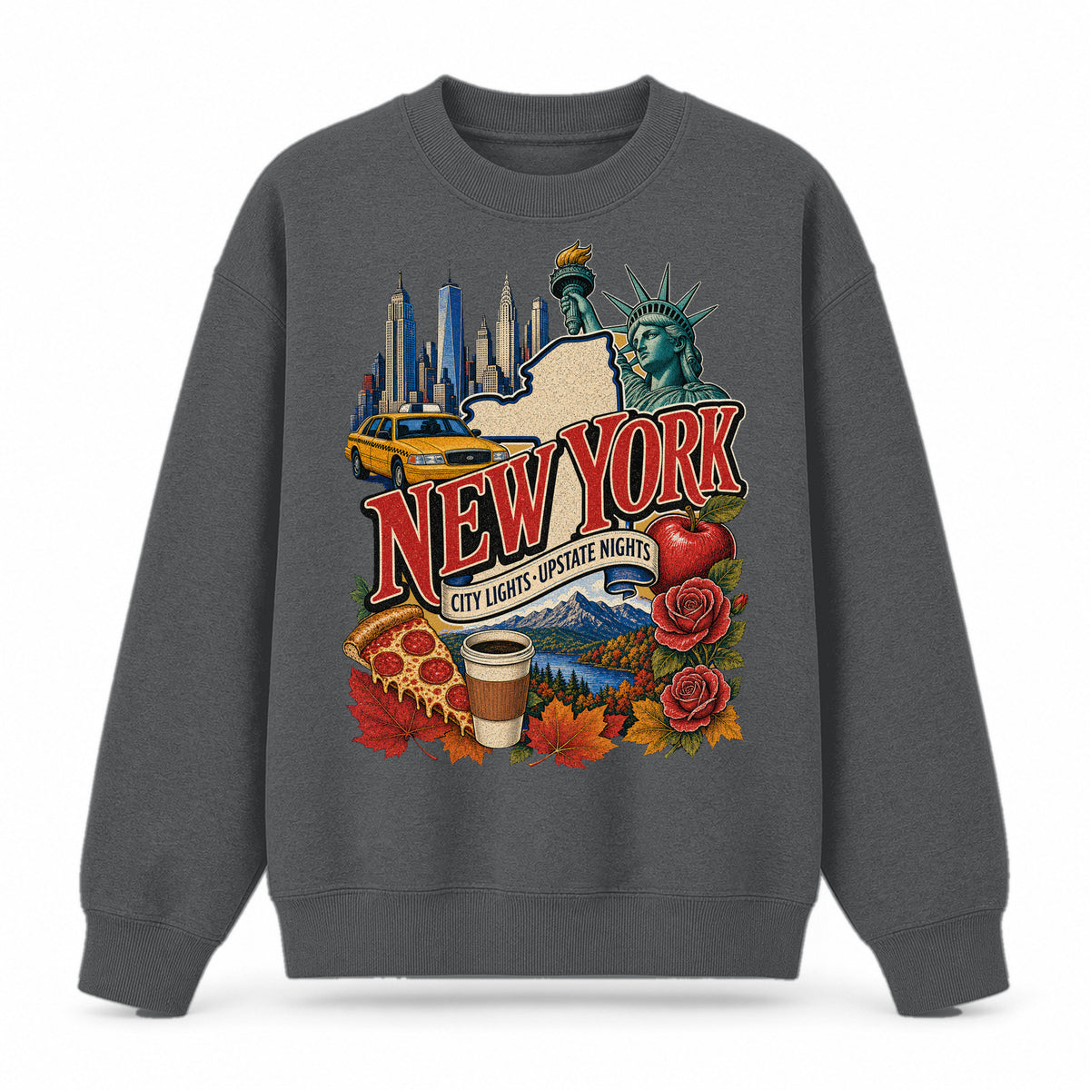 Colorful New York State Collage Crewneck Sweatshirt in Dark Gray, front view on a white background