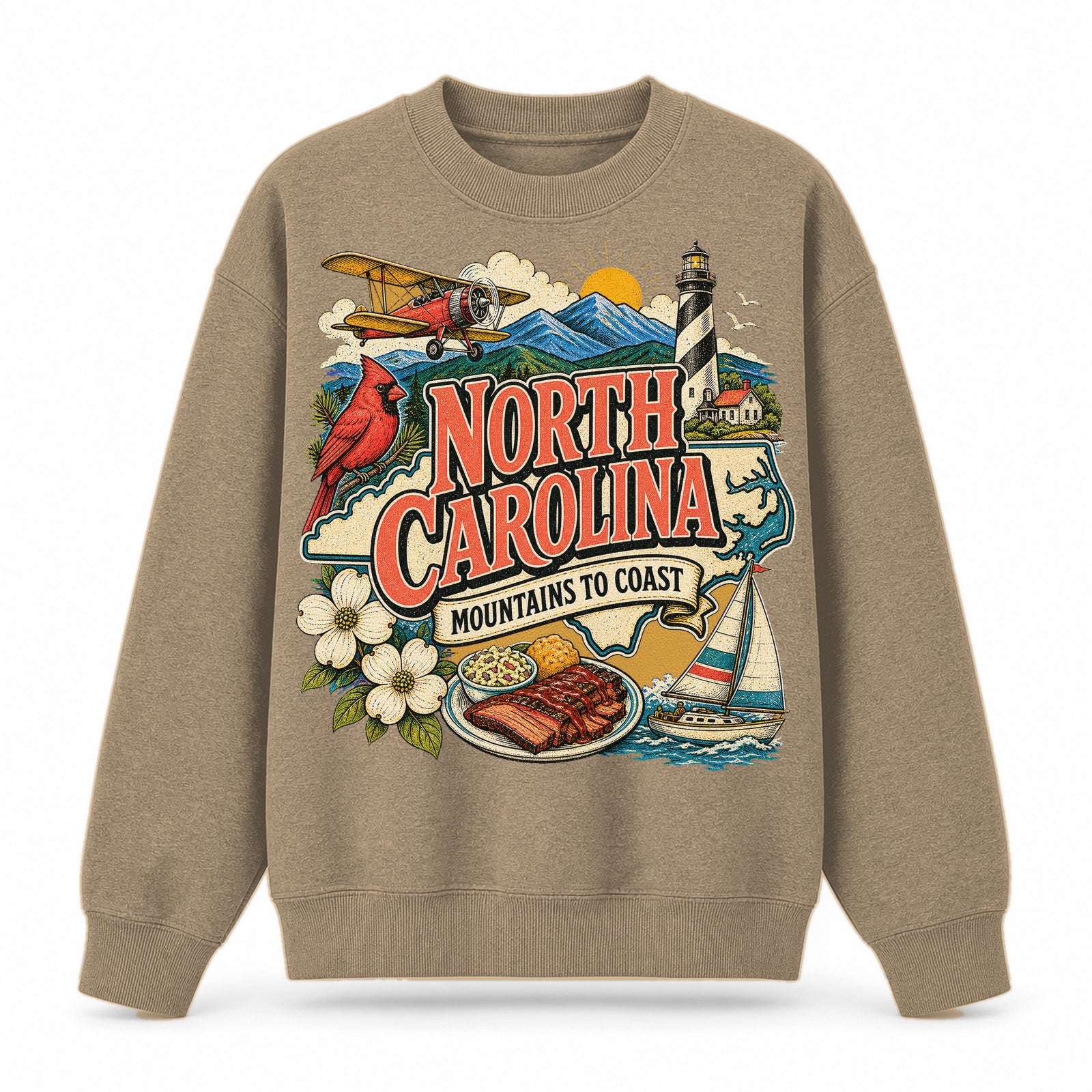 Colorful North Carolina State Collage Crewneck Sweatshirt in Khaki, front view on a white background