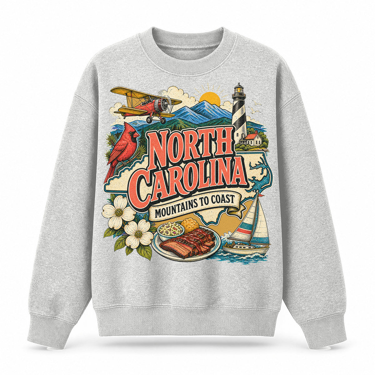 Colorful North Carolina State Collage Crewneck Sweatshirt in Light Gray, front view on a white background