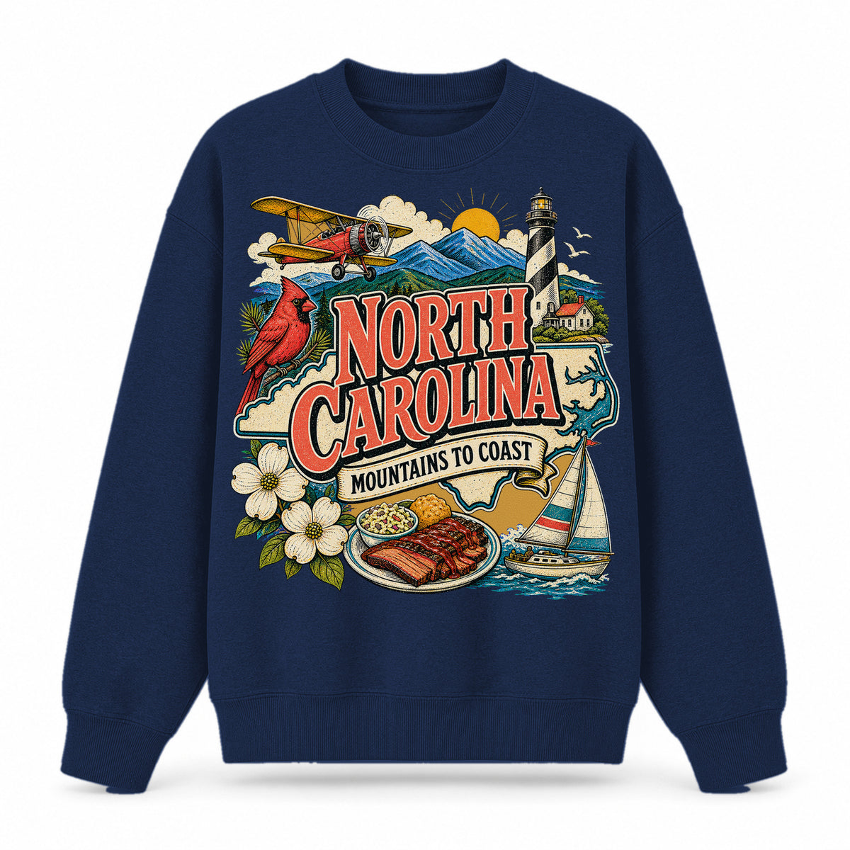 Colorful North Carolina State Collage Crewneck Sweatshirt in Navy, front view on a white background