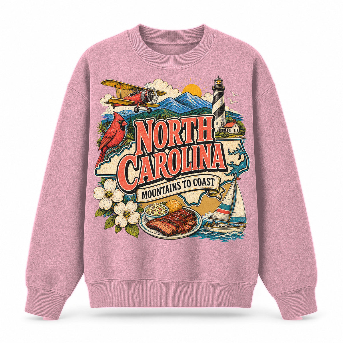 Colorful North Carolina State Collage Crewneck Sweatshirt in Pink, front view on a white background