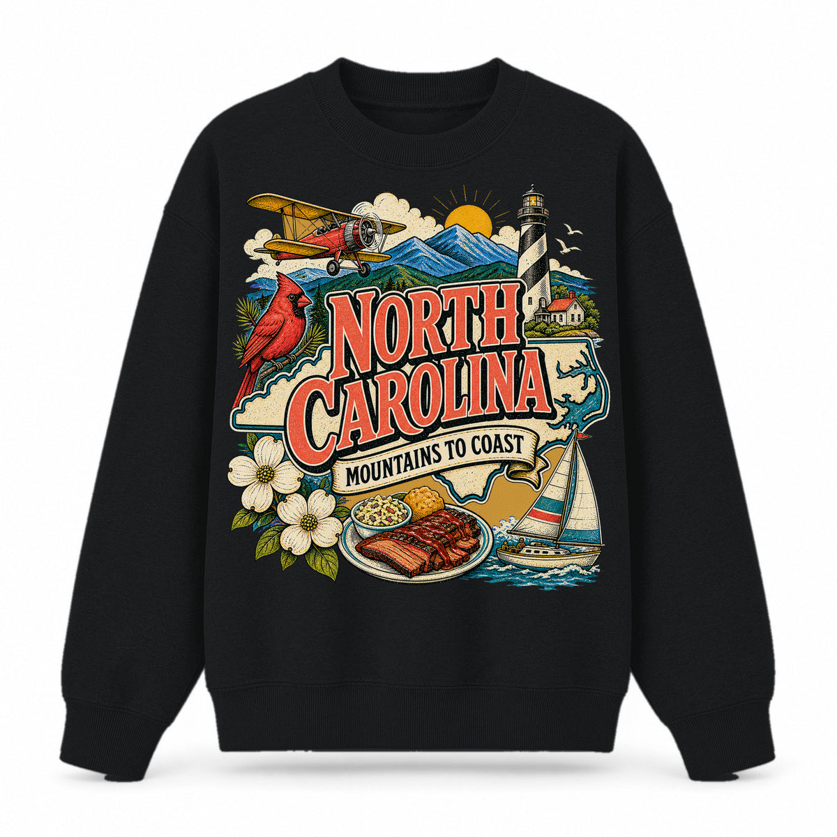 Colorful North Carolina State Collage Crewneck Sweatshirt in Black, front view on a white background