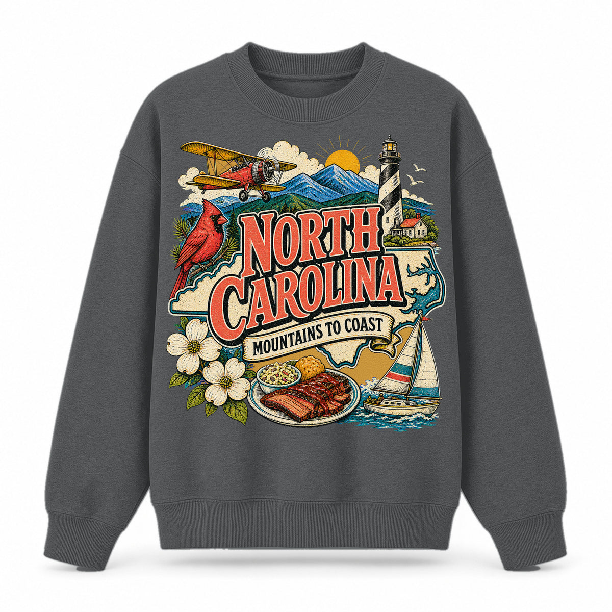 Colorful North Carolina State Collage Crewneck Sweatshirt in Dark Gray, front view on a white background