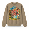Colorful North Dakota State Collage Crewneck Sweatshirt in Khaki, front view on a white background