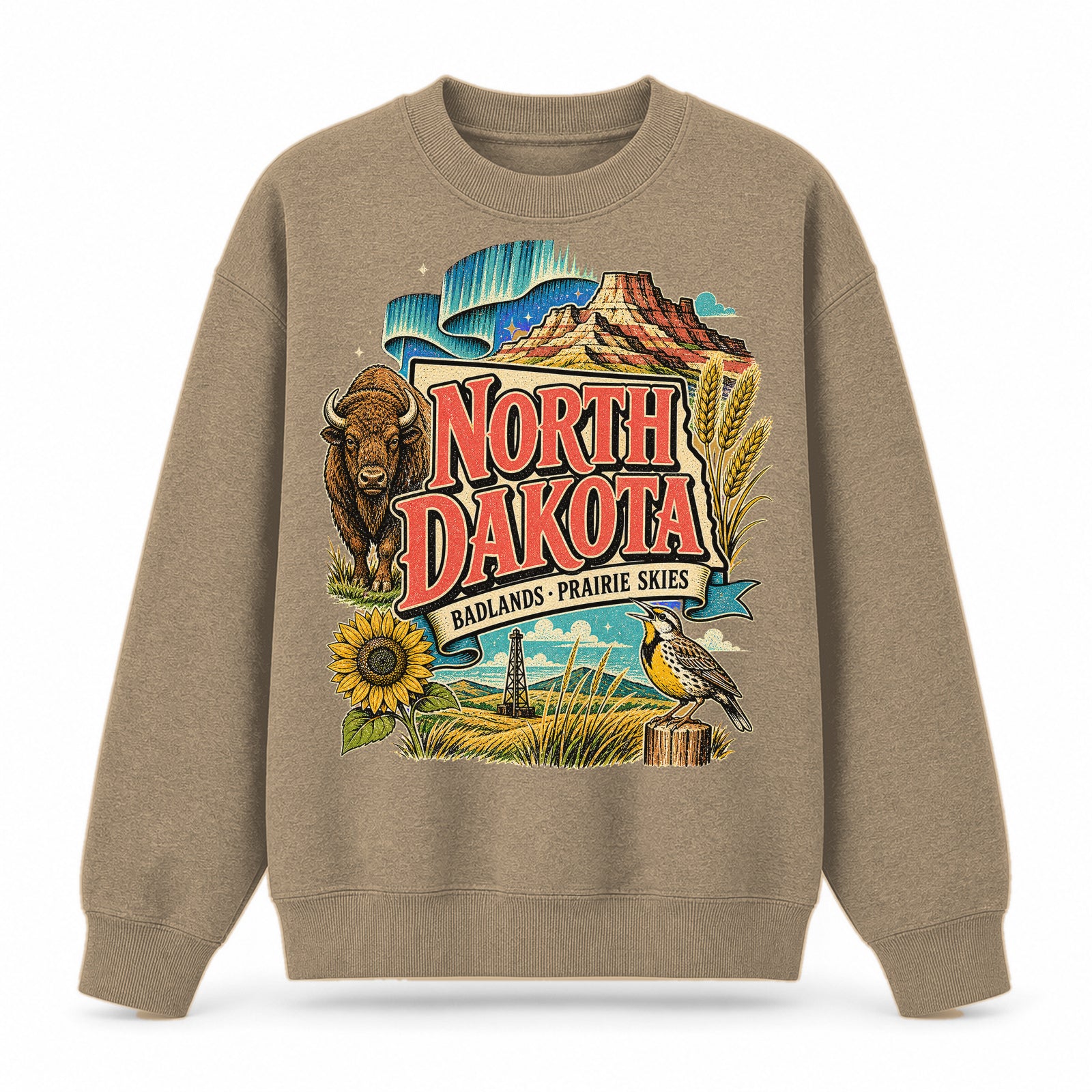 Colorful North Dakota State Collage Crewneck Sweatshirt in Khaki, front view on a white background