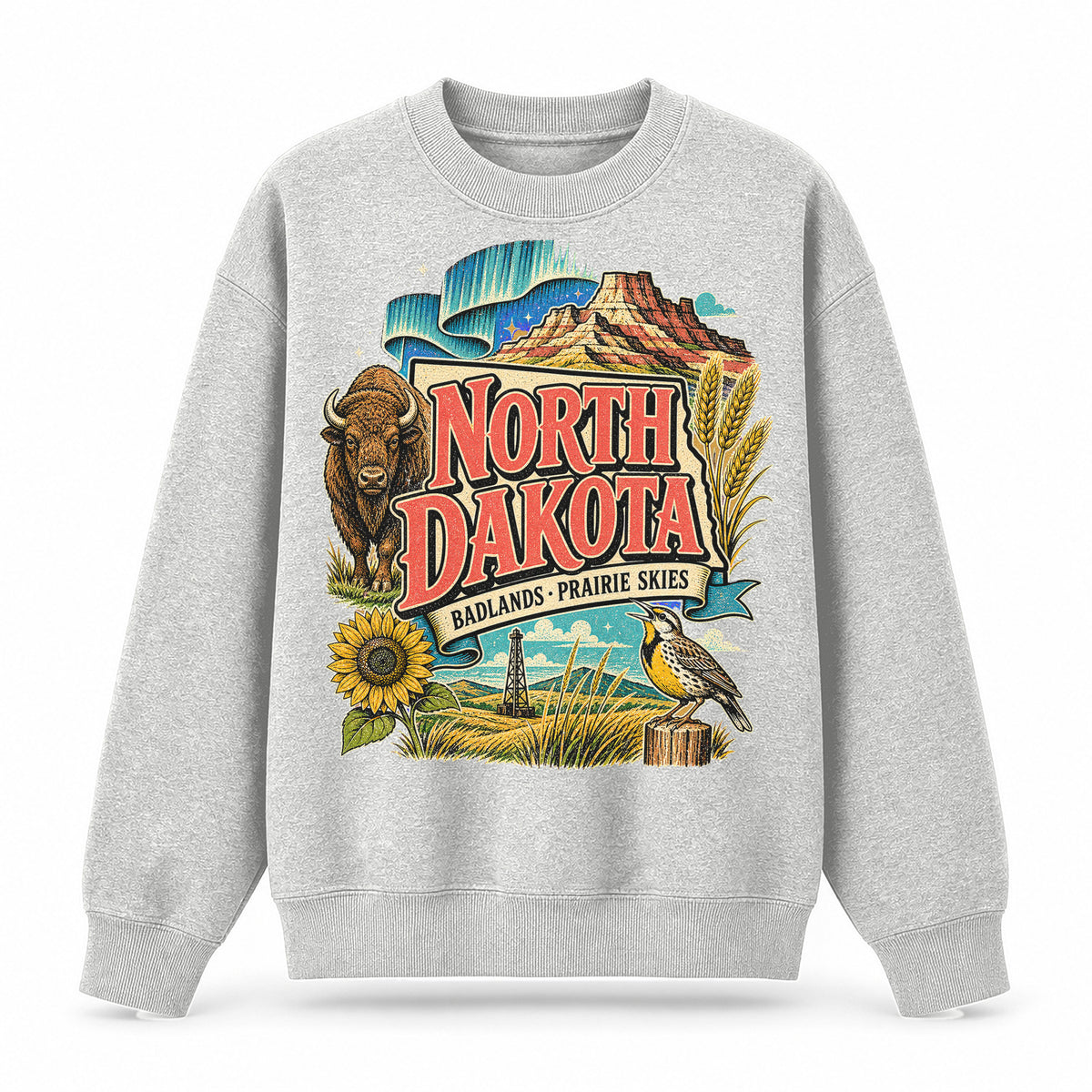 Colorful North Dakota State Collage Crewneck Sweatshirt in Light Gray, front view on a white background