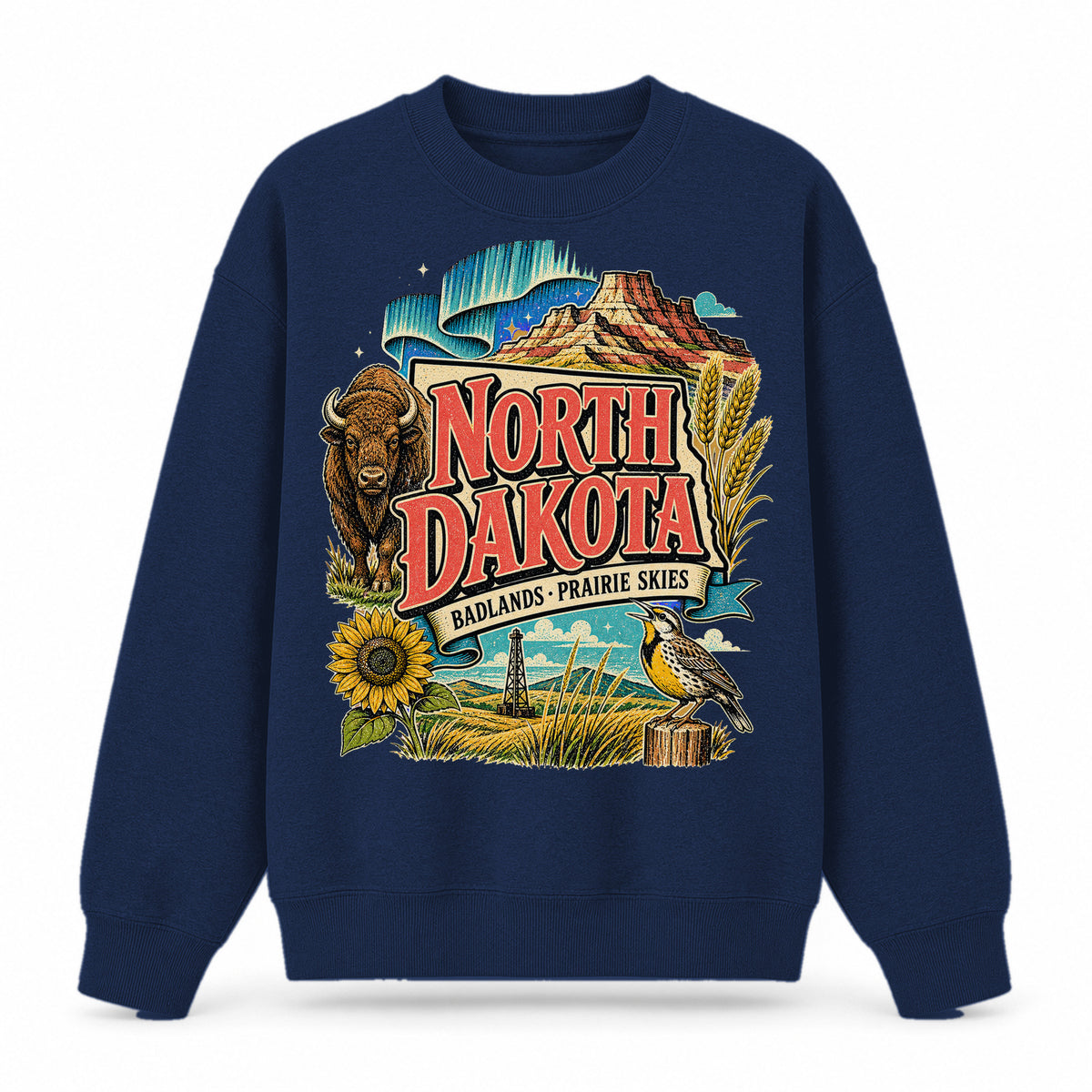 Colorful North Dakota State Collage Crewneck Sweatshirt in Navy, front view on a white background