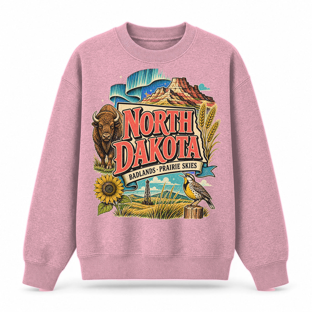 Colorful North Dakota State Collage Crewneck Sweatshirt in Pink, front view on a white background