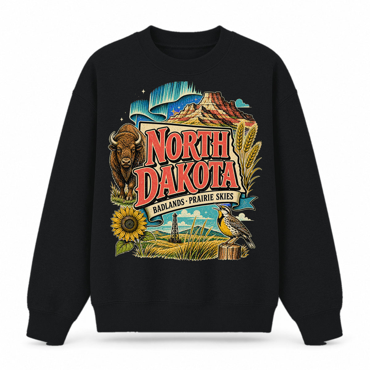 Colorful North Dakota State Collage Crewneck Sweatshirt in Black, front view on a white background